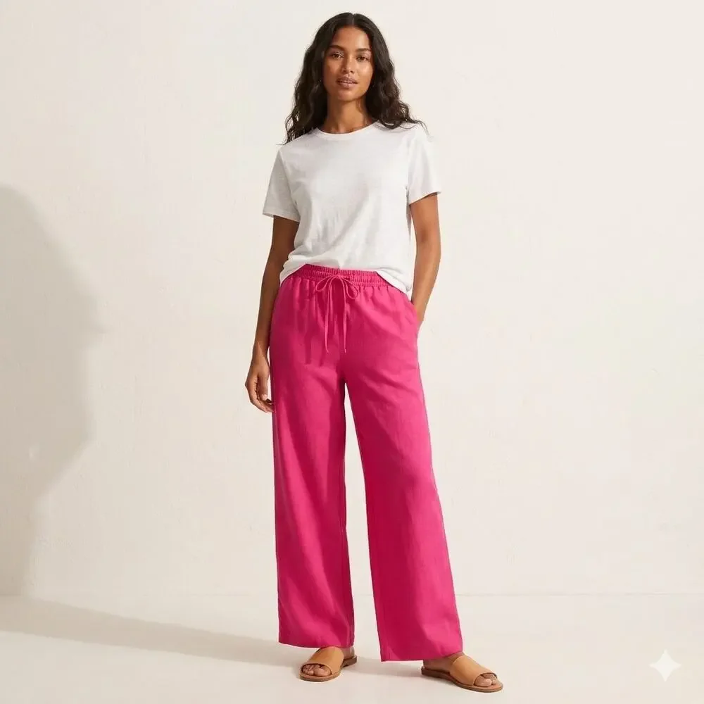 H&M Linen Blend Pants Size Small Hot Pink Wide Leg Relaxed Summer Beach